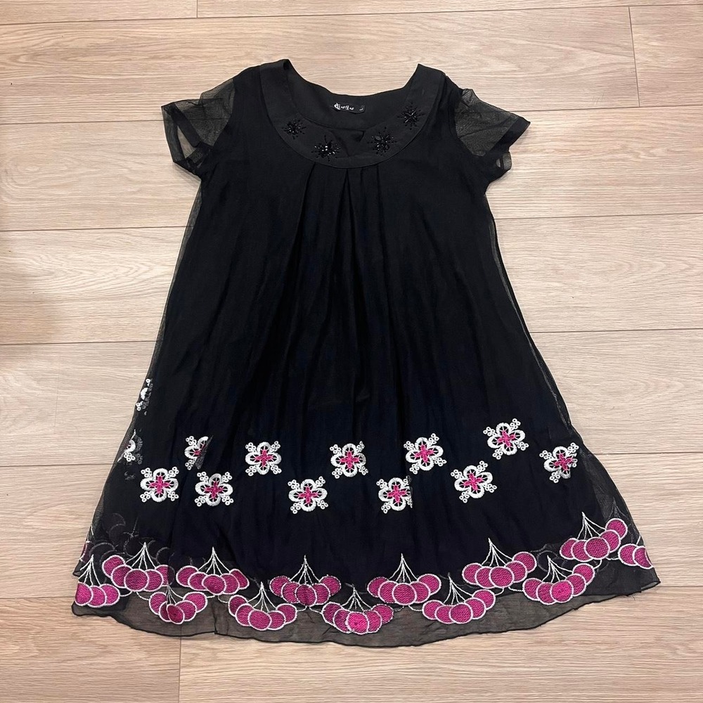 Black Sheer Babydoll Tunic Dress Pink Floral‎ Embroidery Women L Fairy Grunge